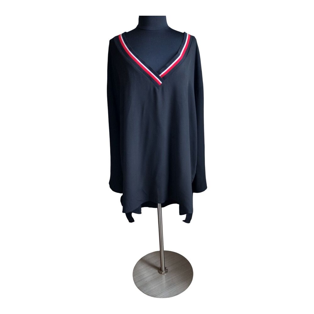New Look Black Chiffon Oversized Top White &Red Trim V-Neck Preppy Athletic 3X